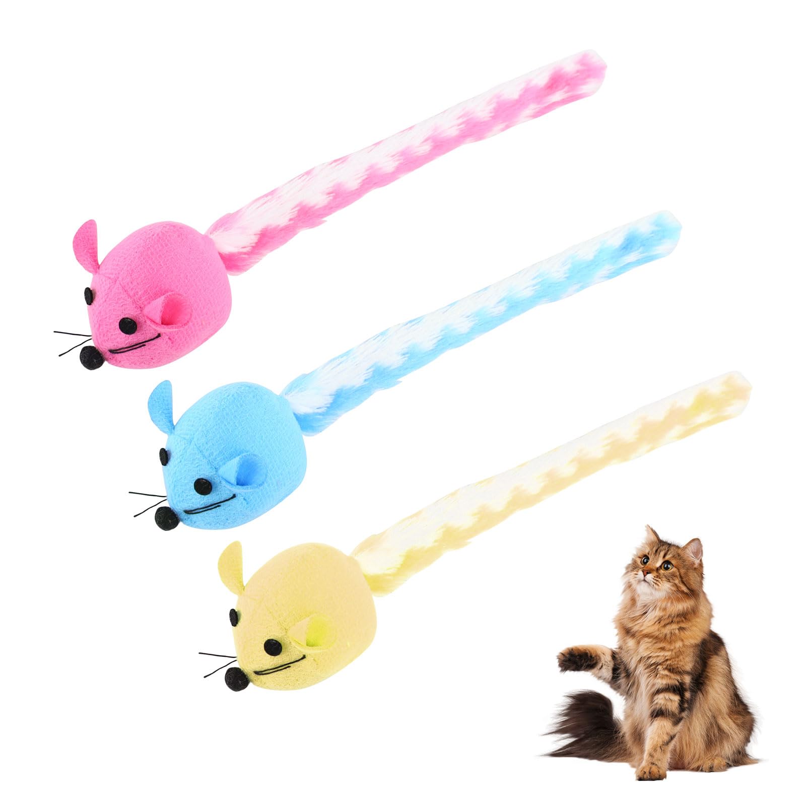 Andiker 3 Pcs Cat Mouse Toys, Colorful Cat Plush Toy with 7.87 In Long Crinkle Paper Tail and Natural Catnip Cat Interactive Toy for Cats and Kittens to Relieve Boredom