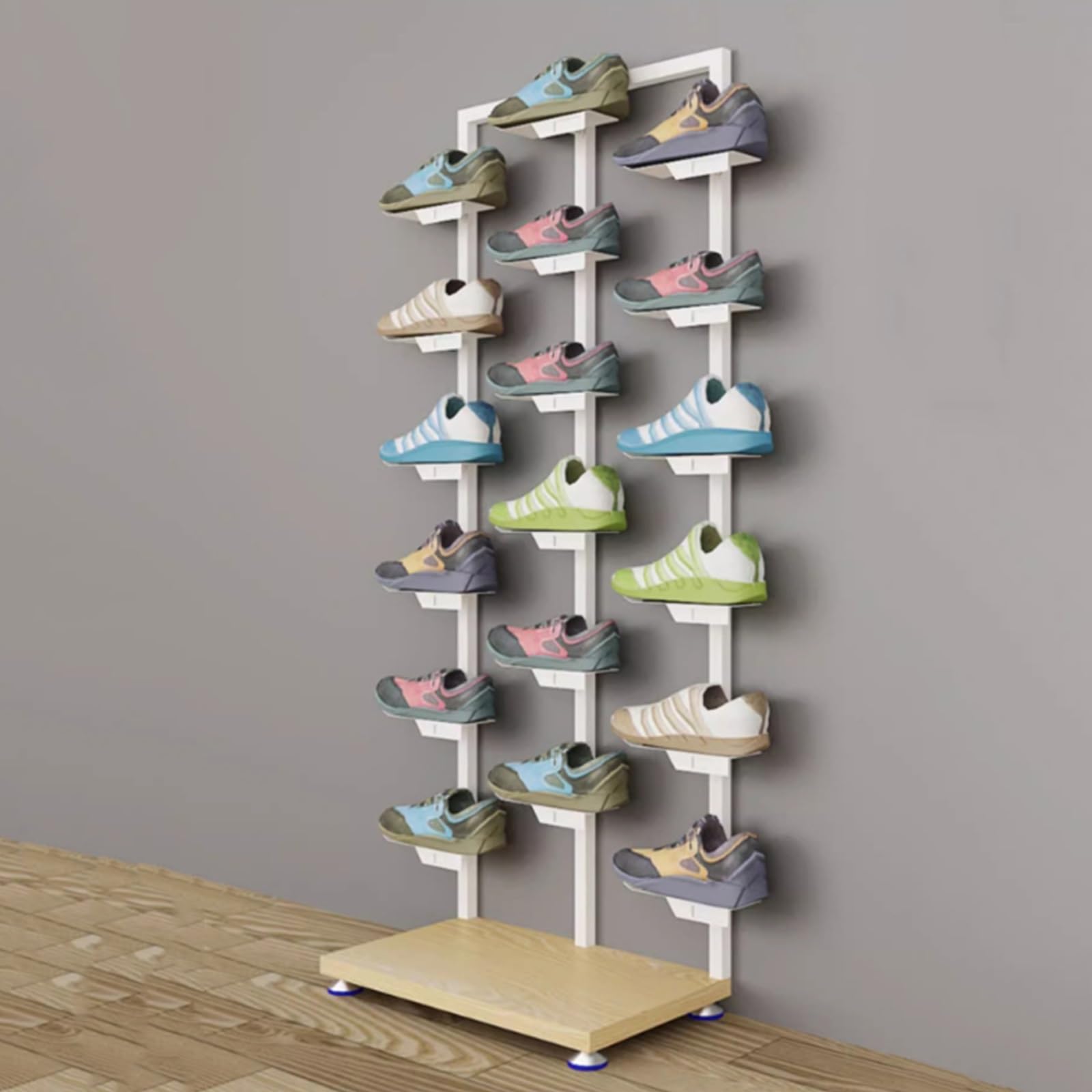 YNBSHGAA 6 Tier Metal Shoe Display Rack Holds 18 Pairs, Freestanding Shoe Organizer for Retail Boutiques, Stores & Home Use,7-size_name-White+Wood