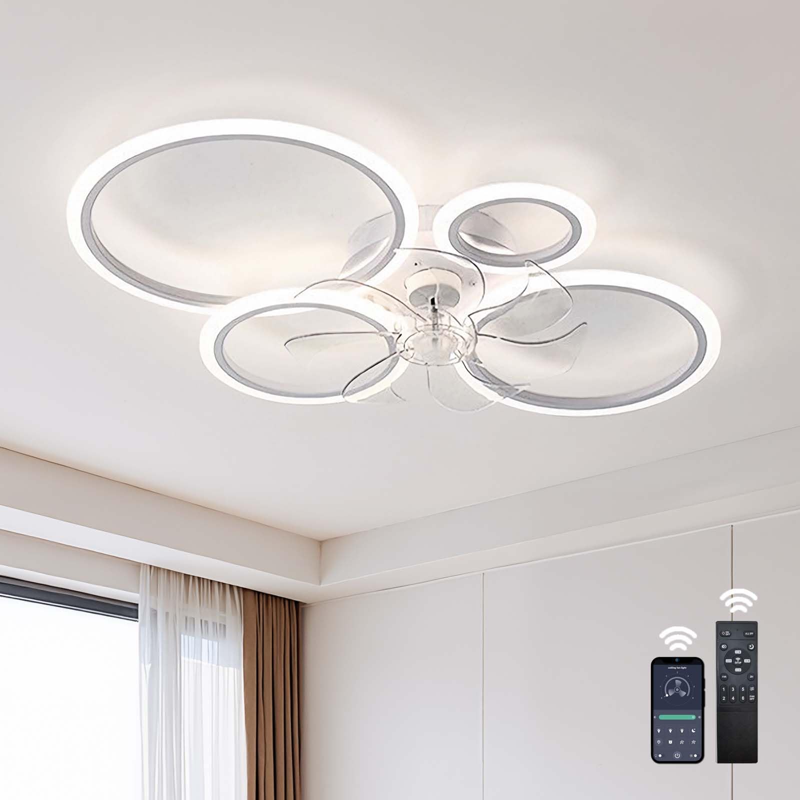 SXDMOUBK Modern Ceiling Fans with Lights and Remote, 6 Speeds, Quiet Fan Ceiling Lights Dimmable Ceiling Fans with Lamps,for Bedroom Living Room Dining Room，Reversible DC Motor-White