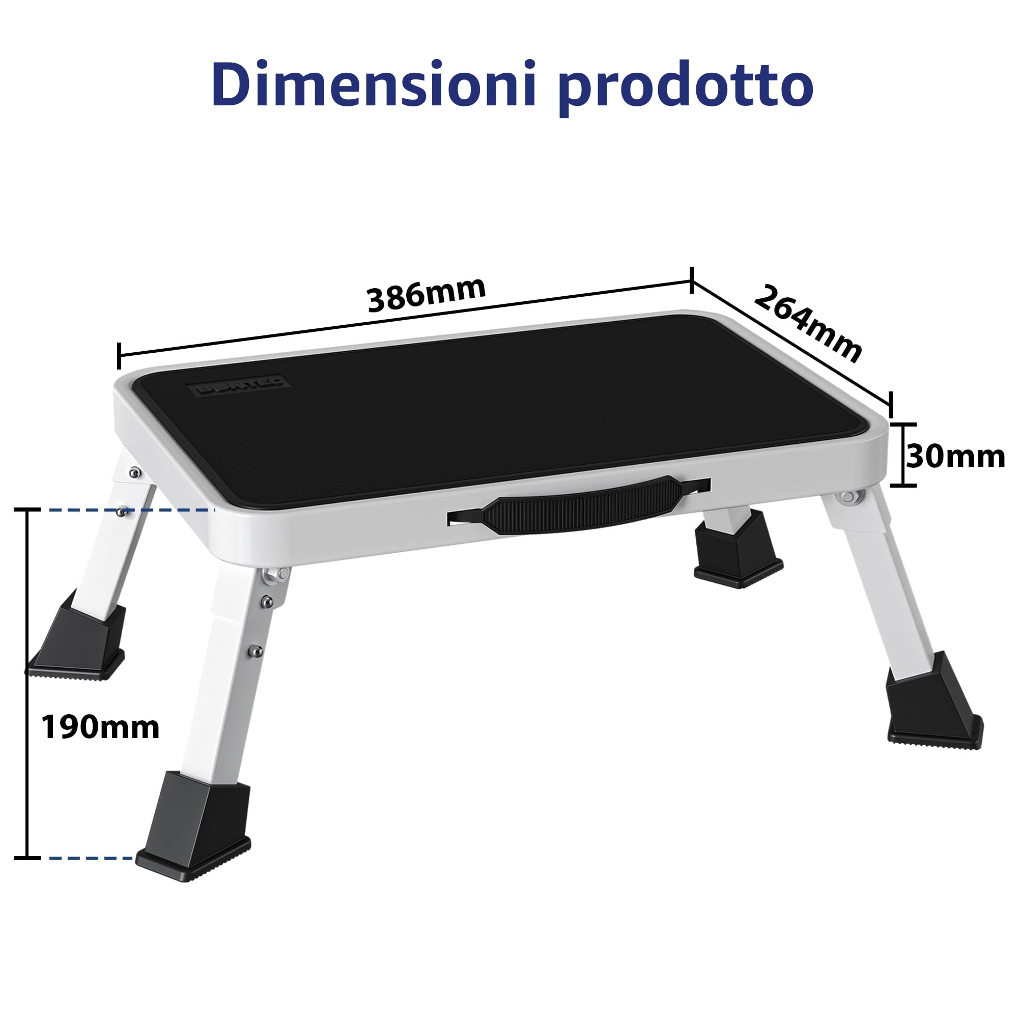 BONTEC Sgabello pieghevole, capacità di carico 150 kg, pedale largo antiscivolo, scala in metallo, maniglia portatile, piedini in gomma, design pieghevole, per camper, cucina, bagno, bianco