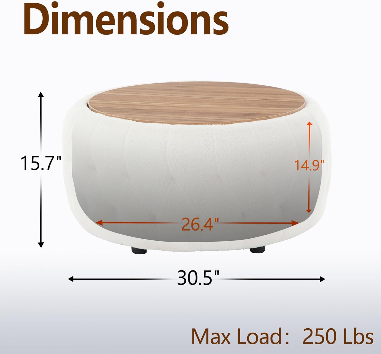 30 Inches Large Round Storage Ottoman, Modern Upholstered Ottoman Coffee Table, Wooden Top, Soft Teddy Fabric Surface, for Living Room, Bedroom, Classic Tufting, White