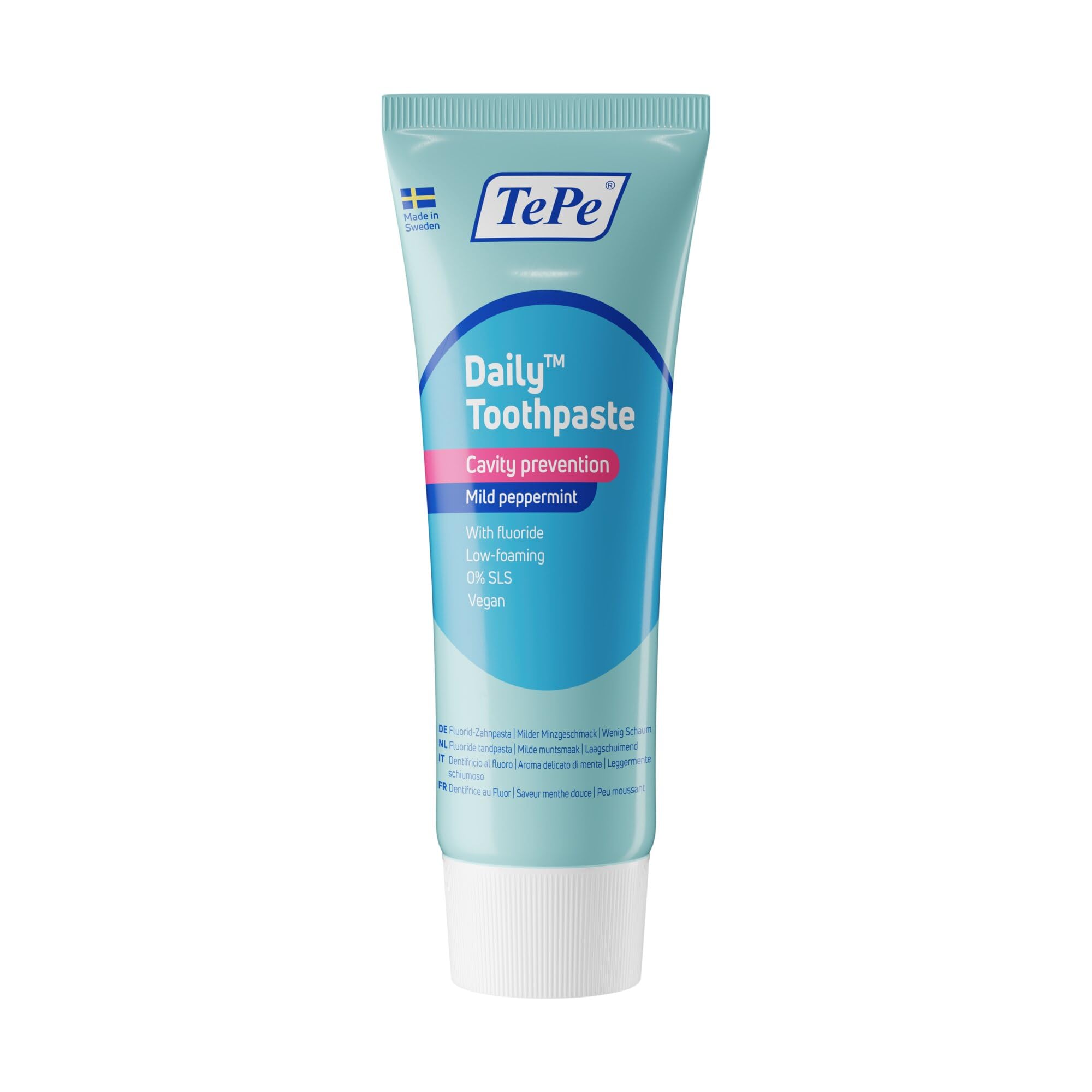 TePe Daily Toothpaste, mild Peppermint Flavour, Gentle Everyday Toothpaste to Prevent Cavities with an Age-Appropriate Fluoride Level