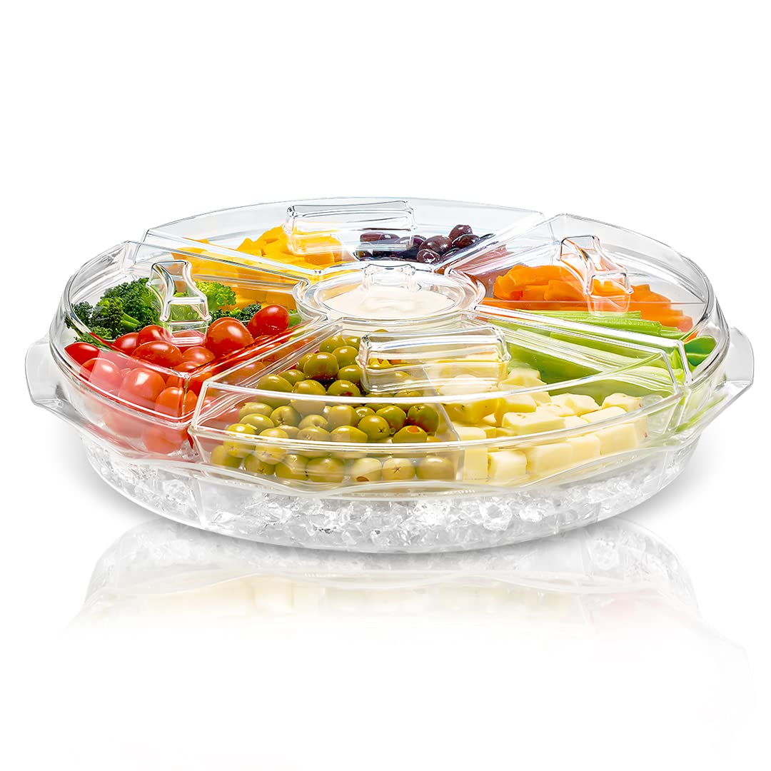 Chef's Star 16" Food Tray with Ice Compartment & Lid - 8 Section with Dip Holder Clear Acrylic Chilled Bowl for Lunch, Picnics & Parties