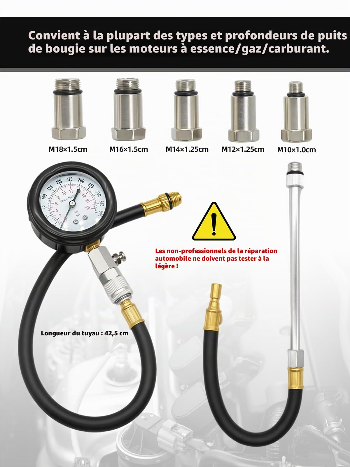 Kit de 11 Testeurs de Compression, Pour Moteur à Essence 0-300 PSI / 0-20 Bar, Testeur de Compression Pour Moteur à Essence de Voiture, Manomètre de Compression
