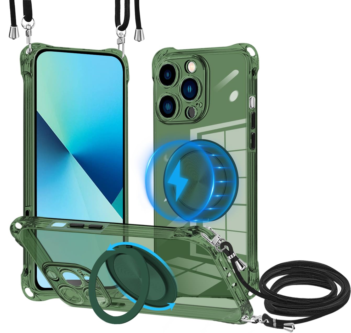 iPhone 13 pro保護ケースMagSafe対応360度回転リングブラケットワイヤレス充電可能iPhone 13 pro首掛け肩掛け背斜掛け設計ストラップ着脱調節可能耐衝撃TPU薄材質ブラケットサポート横縦画面 車載対応 全方位保護便利