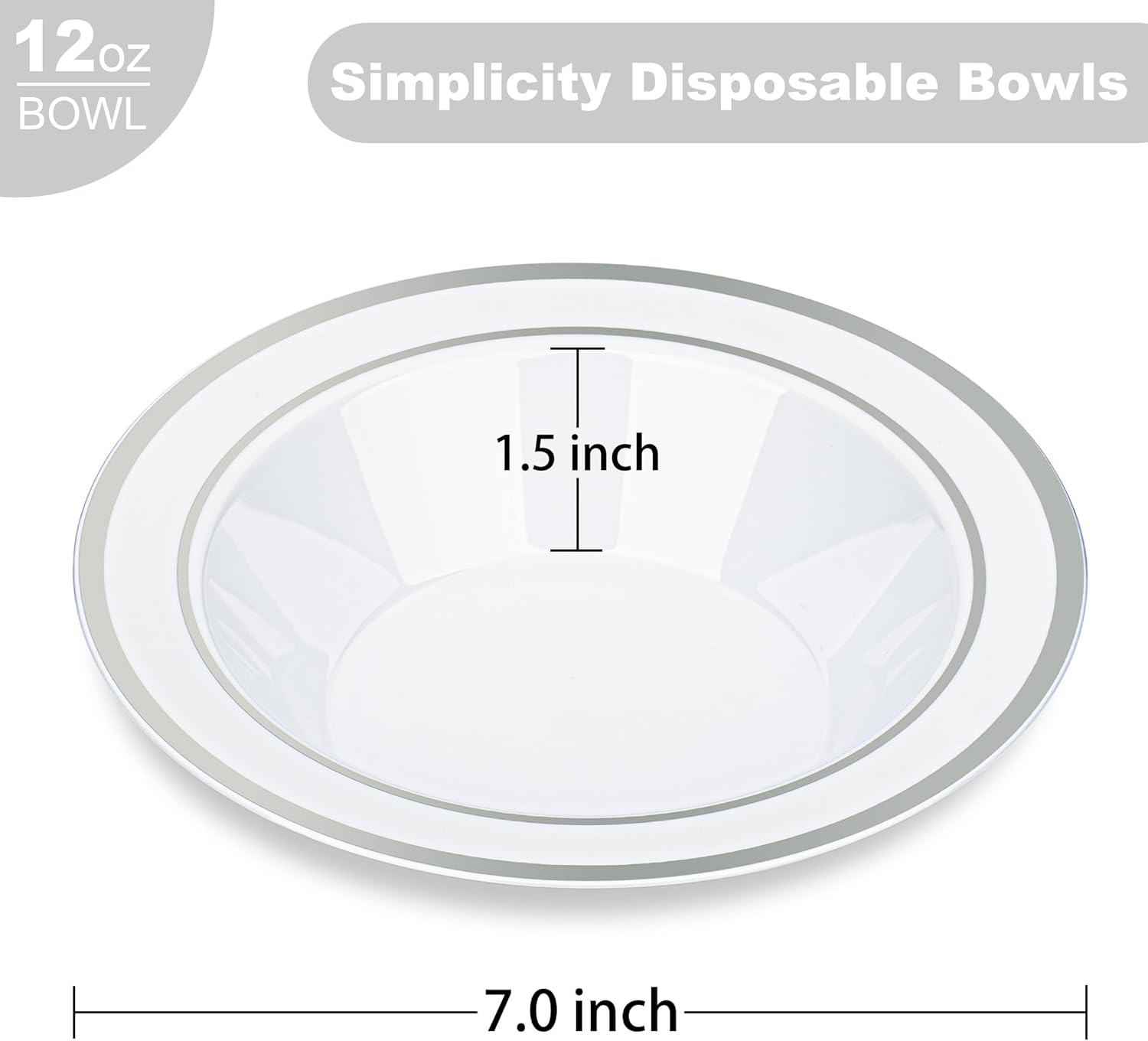 BESTVIP 100 Pack 12 oz Plastic Disposable Soup Bowls, White Dessert Bowls with Silver Rim, Heavy-duty Salad Bowl for Party, Wedding, Christmas, Dinner, Catering