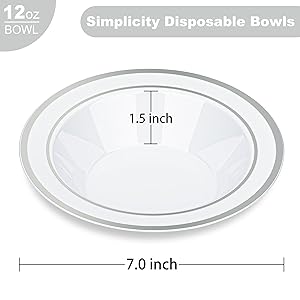 BESTVIP 100 Pack Plastic Disposable Soup Bowls, 12 oz White Dessert Bowls with Silver Rim, Heavy-duty Salad Bowl for Party, Wedding, Christmas, Thanksgiving, Dinner, Catering