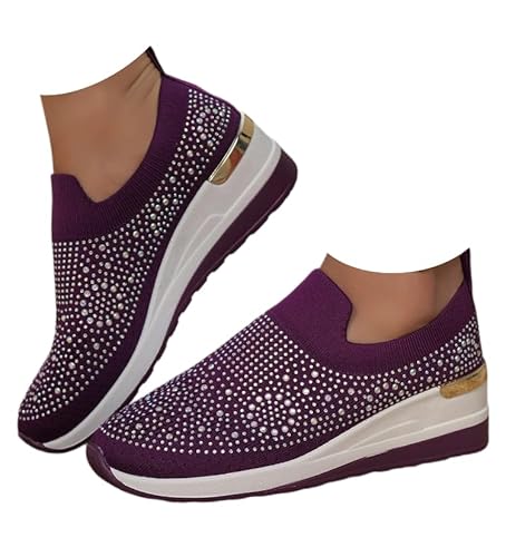 Women's Fashion Glitter Rhinestone Decor Platform Wedge Sneakers Breathable Mesh Sparkly Orthopedic Wedge for Women (purple,25.5