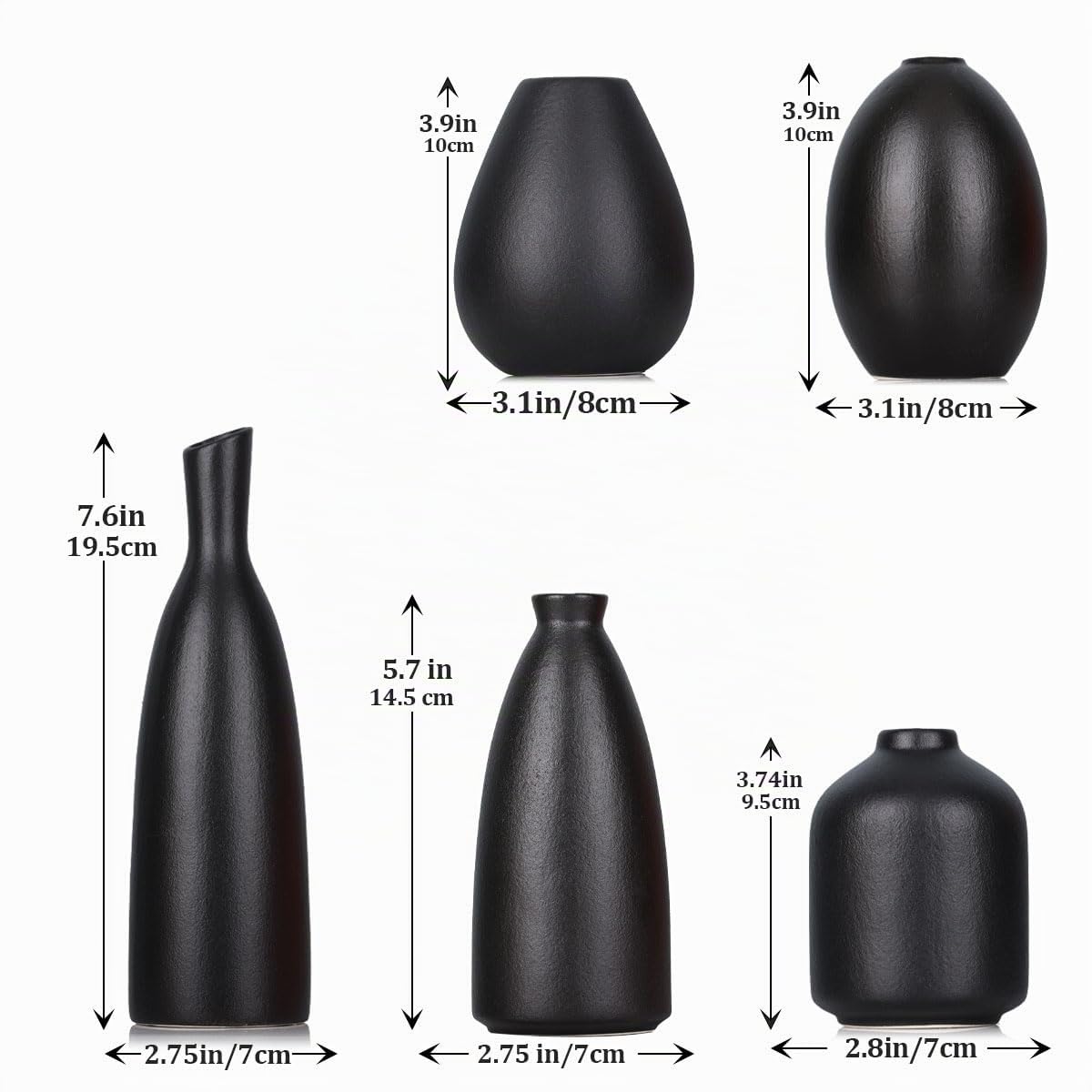 Set di 5 Vasi in Ceramica Nera, Decorazione per Casale, Camino, Mantello e Mensola, per Soggiorno, Ingresso, Bagno, Cucina e Ufficio, Tavolino
