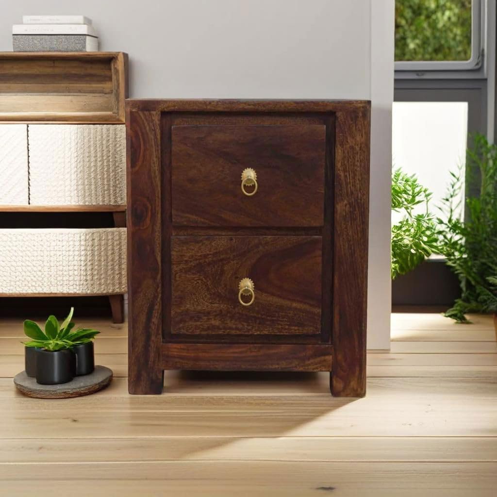 PC Wood Solid Sheesham Wood Night Stand Bedside End Table with 2 Drawer Storage for Bedroom Living Room Home Wooden Furniture-picture-14