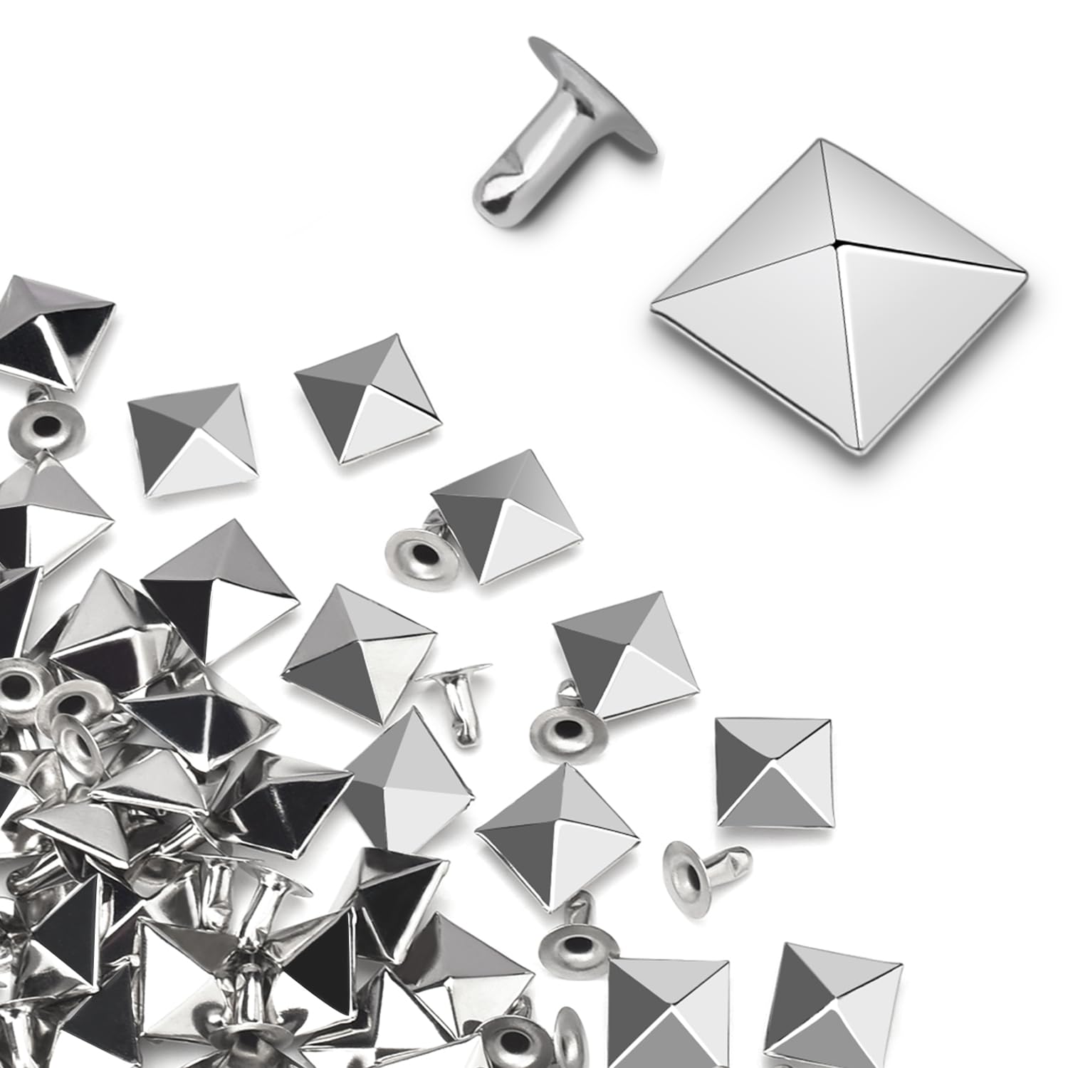 CooBigo 100Sets 12mm Square Pyramid Rivet, Silver Metal Spike Studs Rivet for Punk Rock Clothing Belt Bags Bracelets DIY Repair and Decoration Accessories-image-2