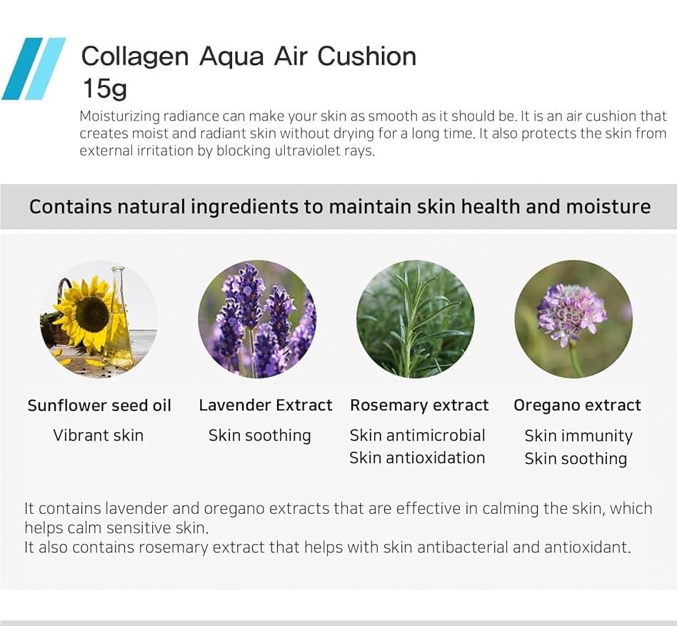 Miniatura 6 de ENOUGH Collagen Aqua Air Cushion SPF 50, maquillaje de base hidratante de cobertura completa, protector solar hidratante tintado, cosméticos