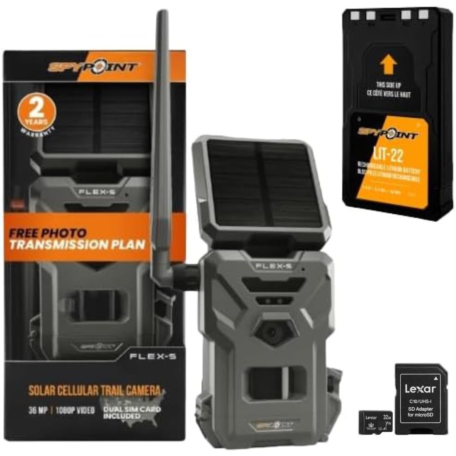 SPYPOINT Flex-S Solar Cellular Trail Camera, Integrated Solar Panel, LTE Connectivity, 100-foot Flash/Detection Range, Internal Battery, Optional Battery Backup + 32GB Micro SD Card + Lit-22 Battery