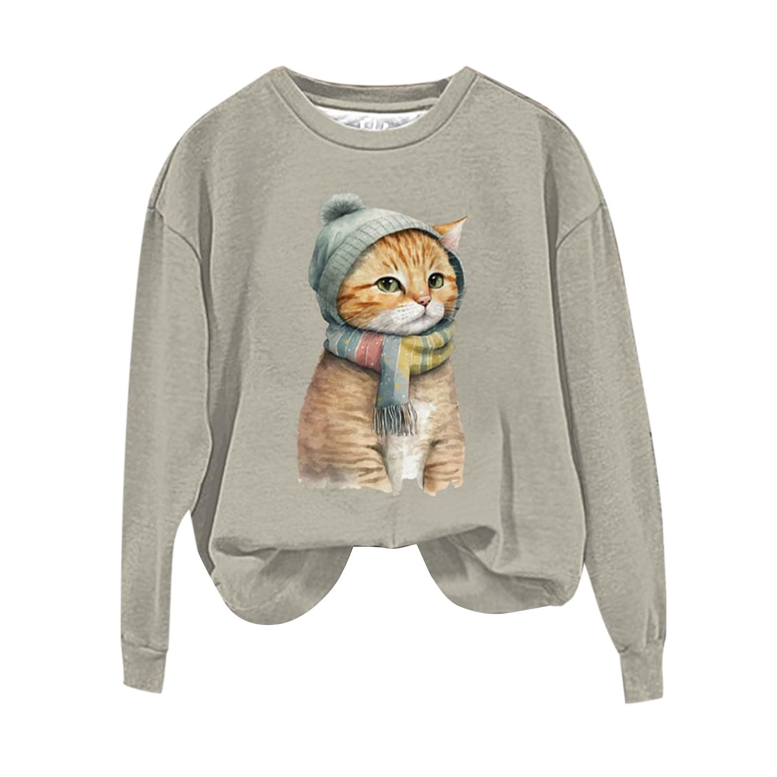 Sweatshirt à Imprimé Animal pour Femme Populaire Motif De Chat Mignon à Manches Longues Col Rond Pull Simple pour Femme Noir S