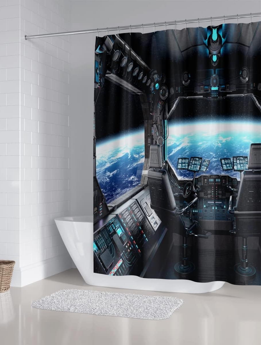 4Pcs Spaceship Interior Shower Curtain Planet Earth Galaxy Futuristic Science Spacecraft Cabin Shower Curtain Sets for Kids Boy,with Non-Slip Rugs,Toilet Lid Cover and Bath Mat and 12 Hooks,72x72Inch