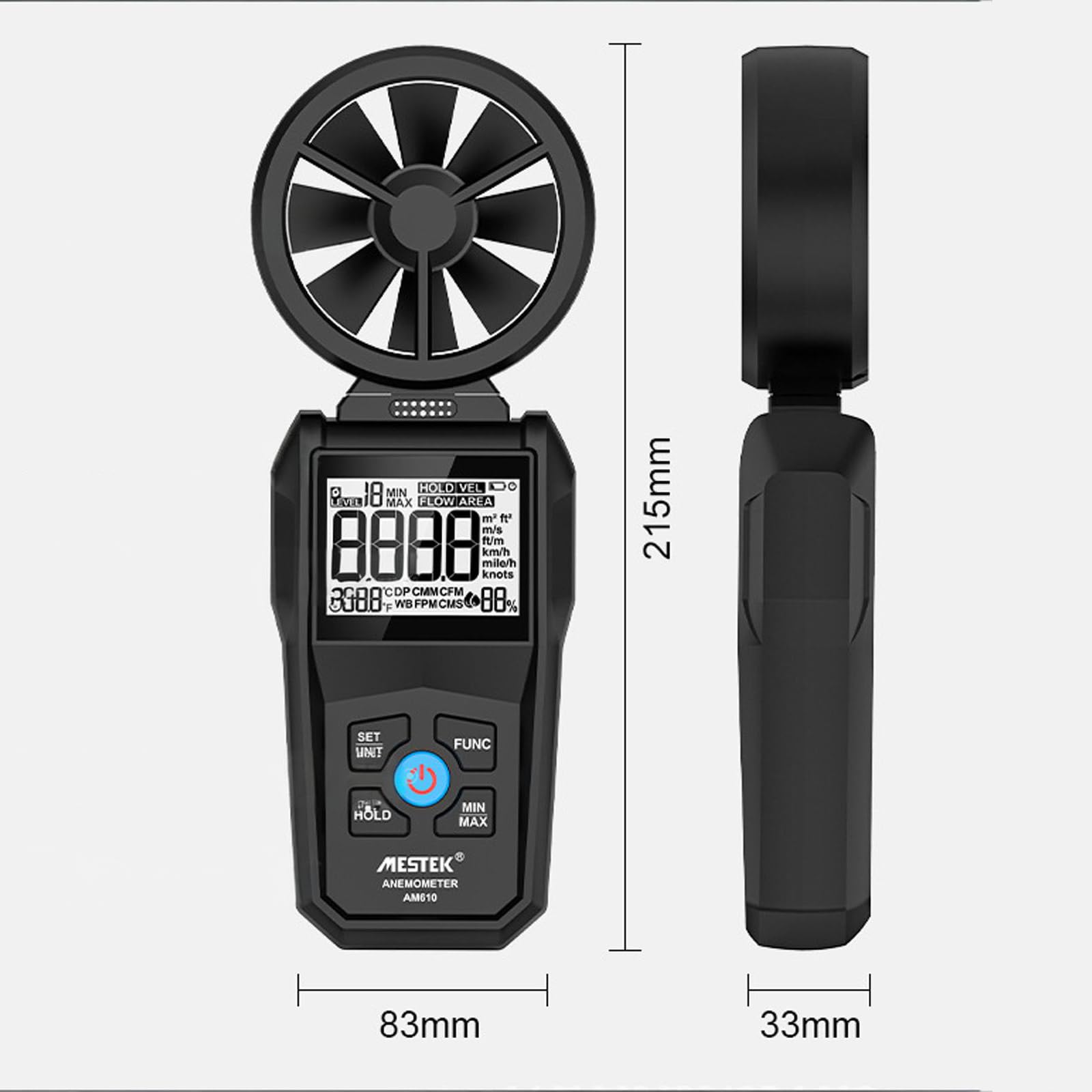 Przenośny anemometr, miernik prędkości wiatru z podświetlanym kolorowym wyświetlaczem LCD i regulowanym w zakresie 180° wentylatorem obrotowym, służy do pomiaru prędkości wiatru