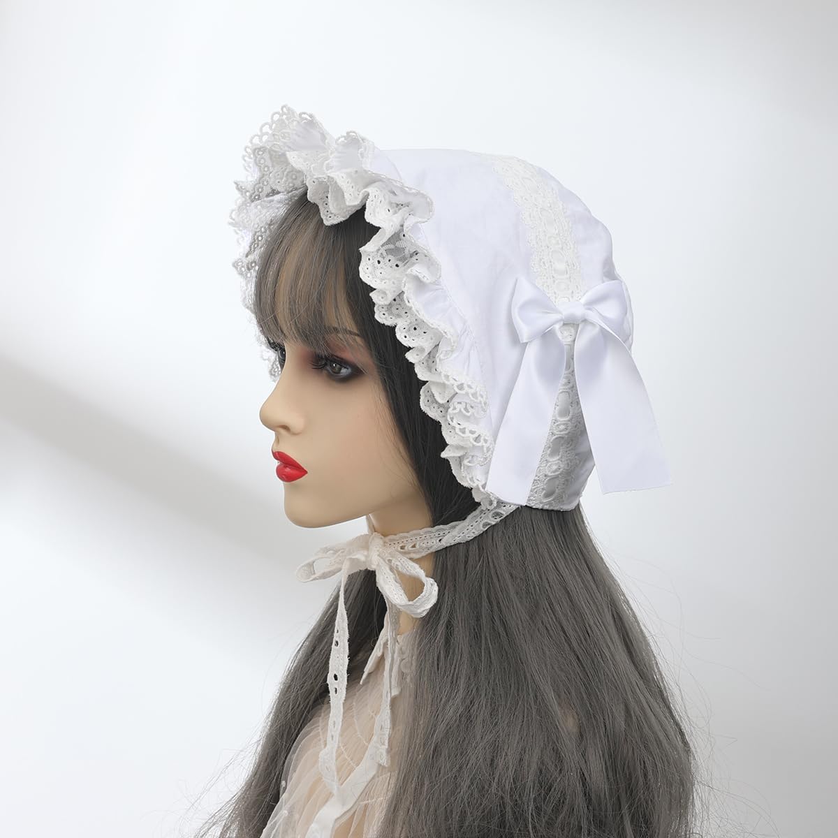BPURB Victorian White Lace Bonnet Hat for Women Ladies Handmaid Medieval Colonial Costume Accessory Cotton (White-1) - Image 4