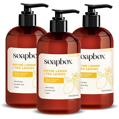 Soapbox Liquid Hand Soap, Meyer Lemon & Tea Leaves - Gentle, Moisturizing Hand Cleanser, Vegan, Cruelty Free Hand Soap for Bathroom and Kitchen, 12oz Pump Bottles (Pack of 3)