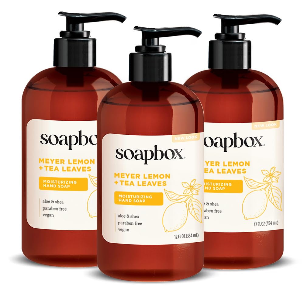 Soapbox Liquid Hand Soap, Meyer Lemon & Tea Leaves - Gentle, Moisturizing Hand Cleanser, Vegan, Cruelty Free Hand Soap for Bathroom and Kitchen, 12oz Pump Bottles (Pack of 3)