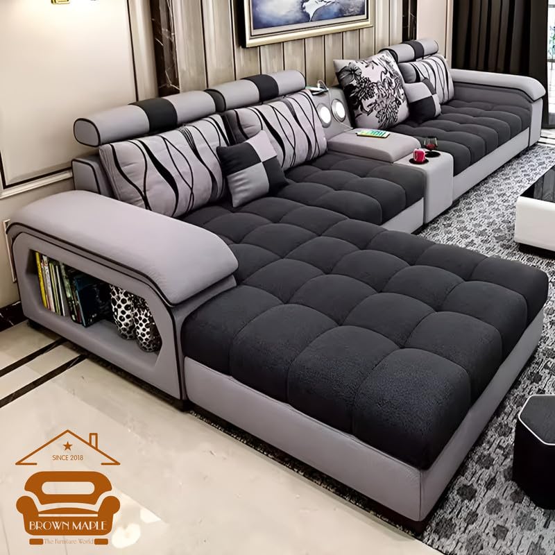 Image of Brown Maple U-Shape Sectional Sofa Set for Home | 10-Seater Fabric Sofa with Tea Table & 4 Puffy | Spacious Seating for 14 Persons | Pre-Assembled, Modern Comfort Design(Grey)
