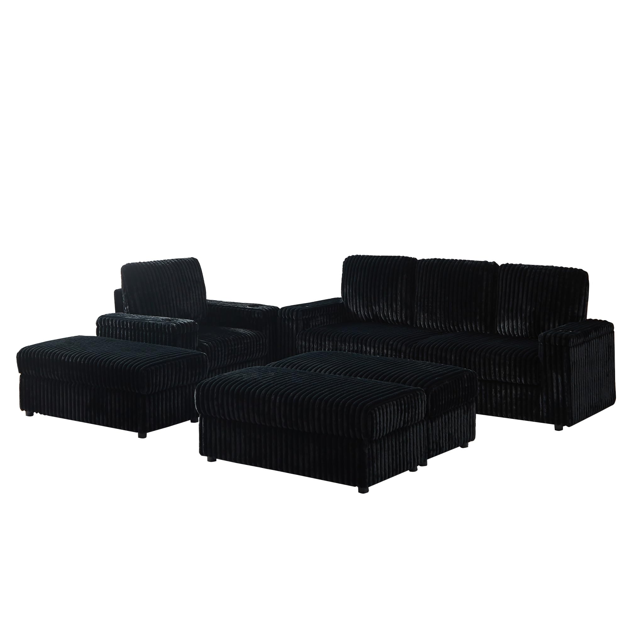 Corduroy Single Recline with 3-Seater Sofa, Cup-Holding Grooves Comfy Sofa- Deep Seat Couch for Living Room(Black)(Pieces to sectional only)