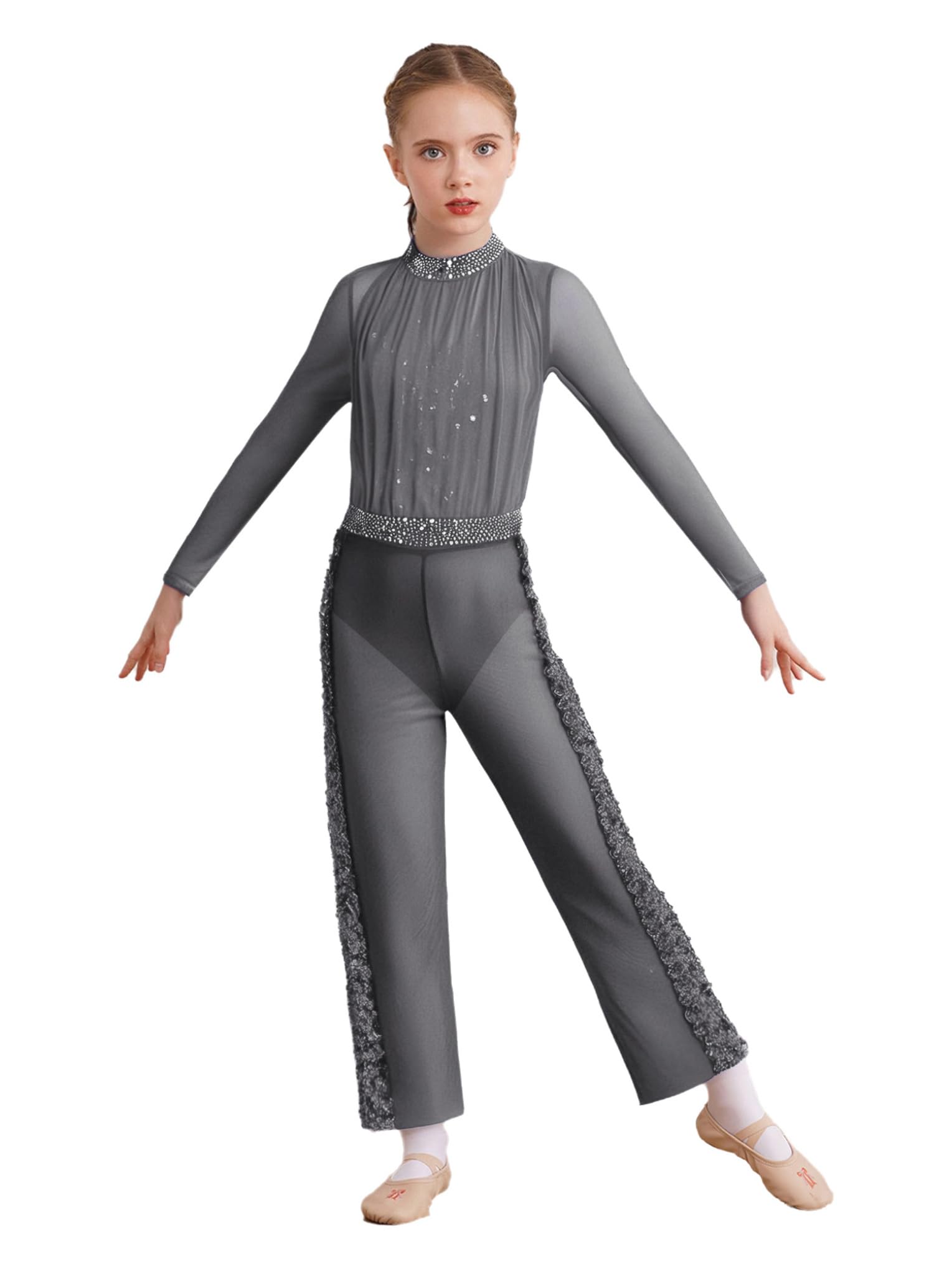 Gymnastikanzug Mädchen Langarm Kinder Pailletten Und Strass Glitzer Tanzanzug Mesh Patchwork Body Mit Hose Leggings Weites Bein Tanzkostüm