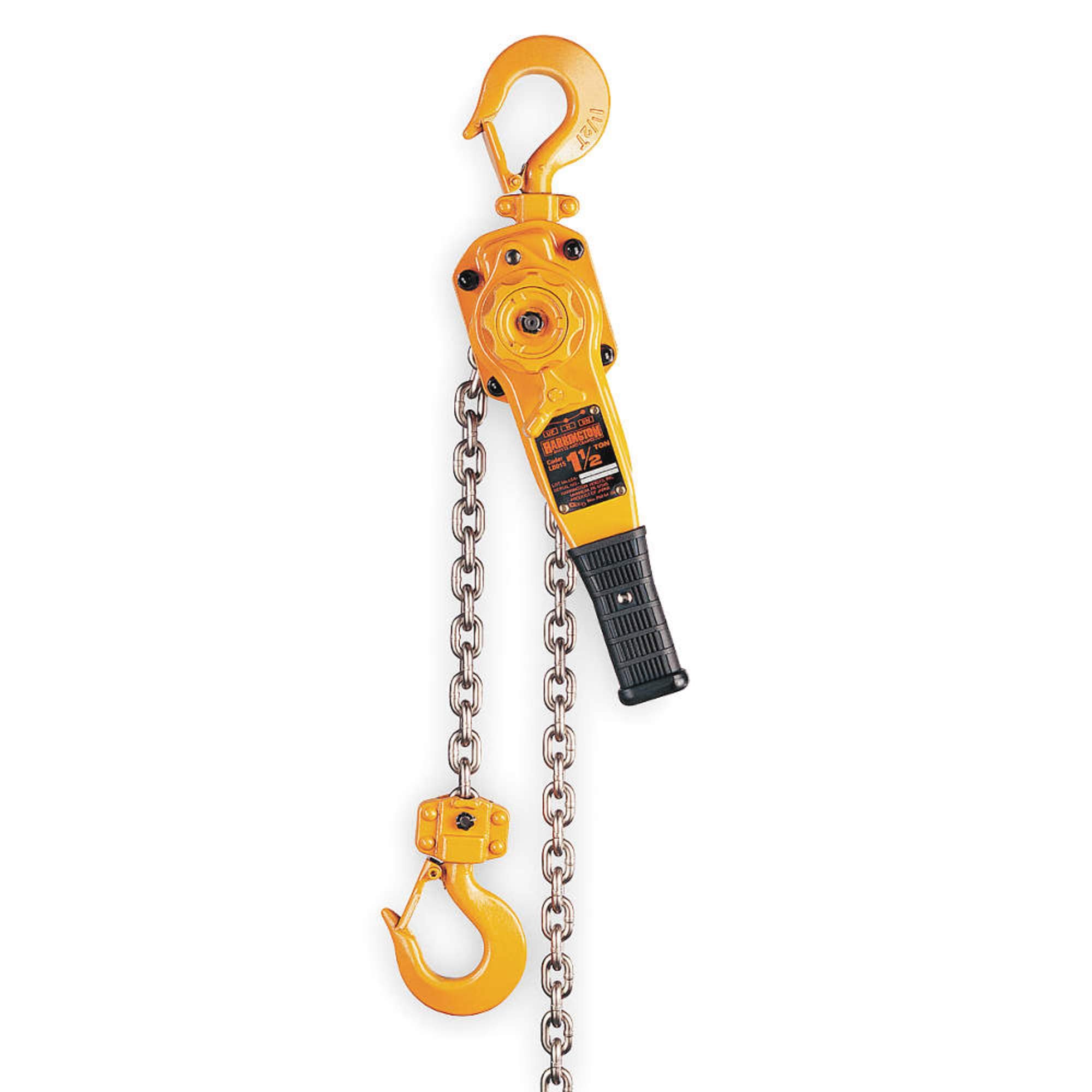 Harrington LB Lever Hoist, Hook Mount, 1-1/2 Ton Capacity, 5' Lift, 13.2" Headroom, 10.4" Lever Length, 1.3" Hook Opening