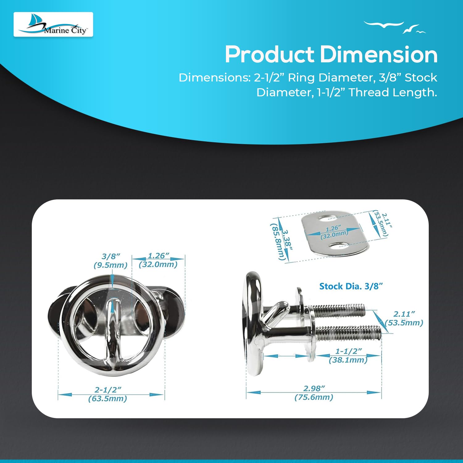 MARINE CITY 316 - Gancio da traino in acciaio inox, per sci e rimorchio, 4 pezzi (3/8 "× 1-1/2")