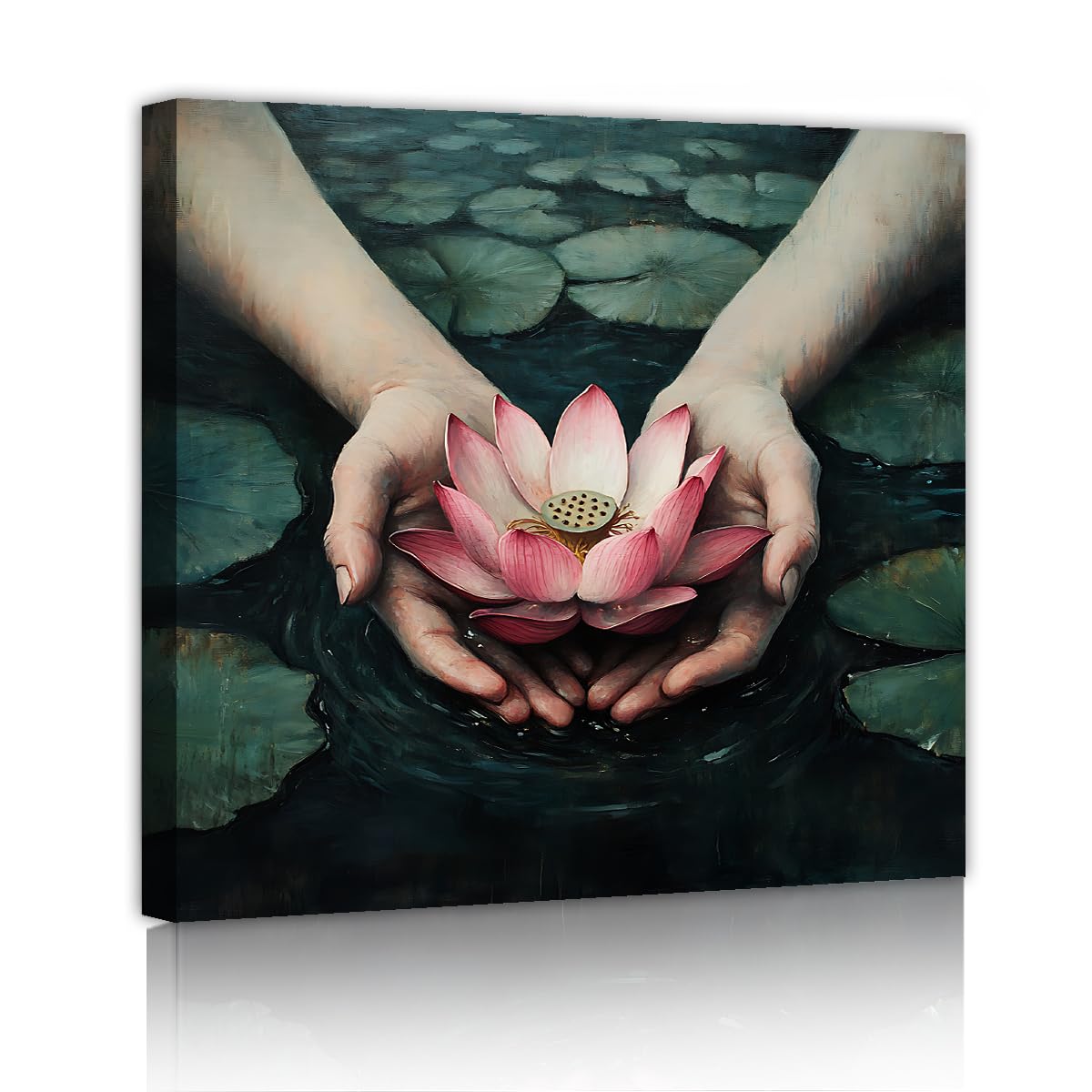 YUNART Tela pittura da tela arte murale con mano ninfea laghetto di fiori decorazioni murali per soggiorno cucina bagno ufficio arredamento della casa 90x90cm Telaio interno