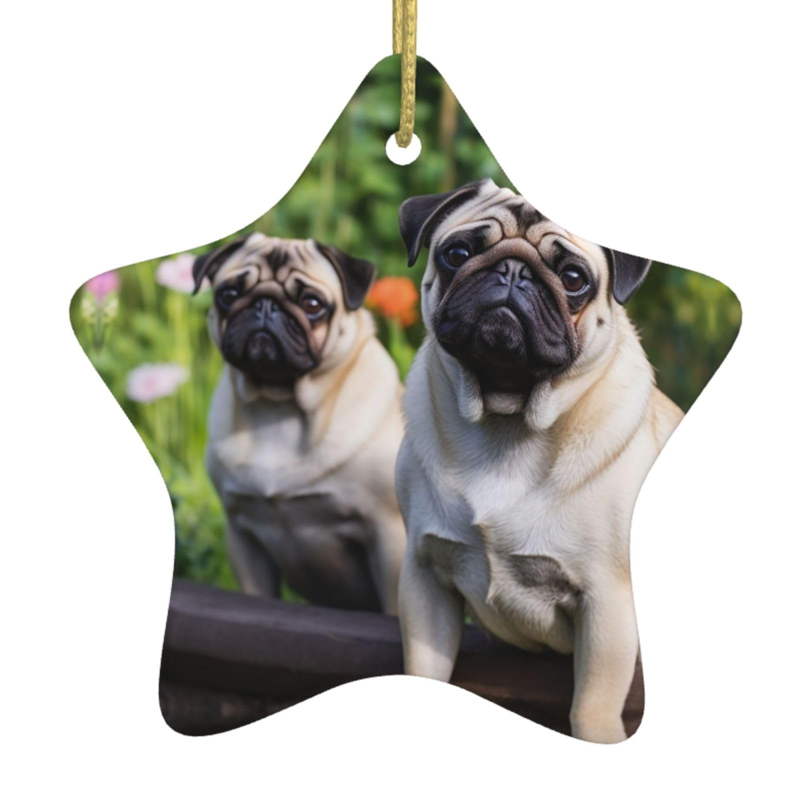 Ceramic Christmas Tree Hanging Ornaments with Gold Ropes Christmas Tree Decorations Star Ceramic Pugs in The Garden Pendant Keepsake Decorations for Holiday Xmas Gift Ideas