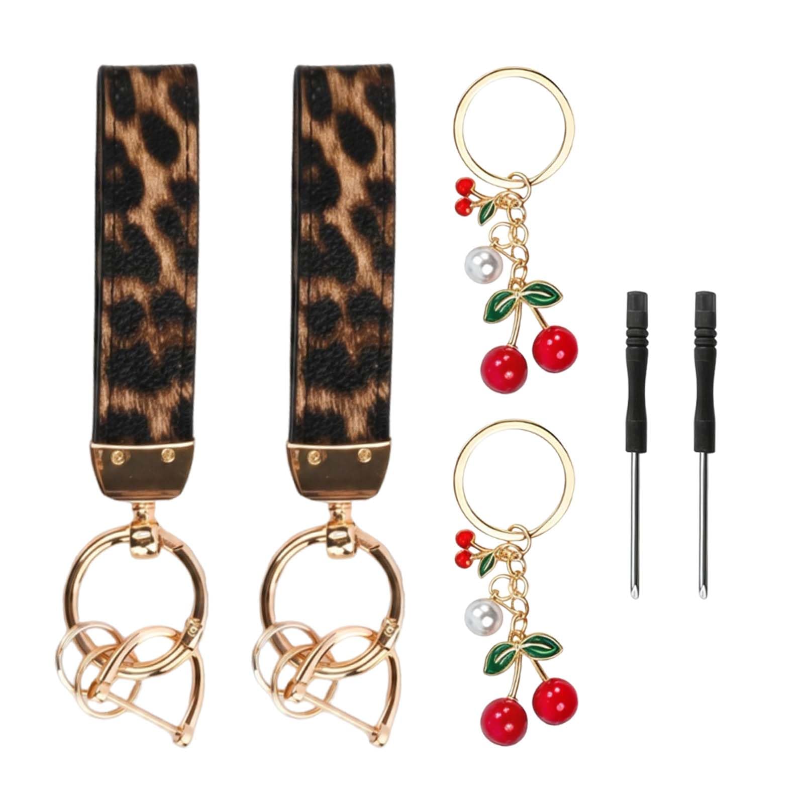 Zirax Cherry Keychain Wristlet for Women - Cute Bag Charms and Car Keyring Accessories, Leather Lanyard Key Fob Holder with Leopard Print Detachable Strap, Gift for Girls
