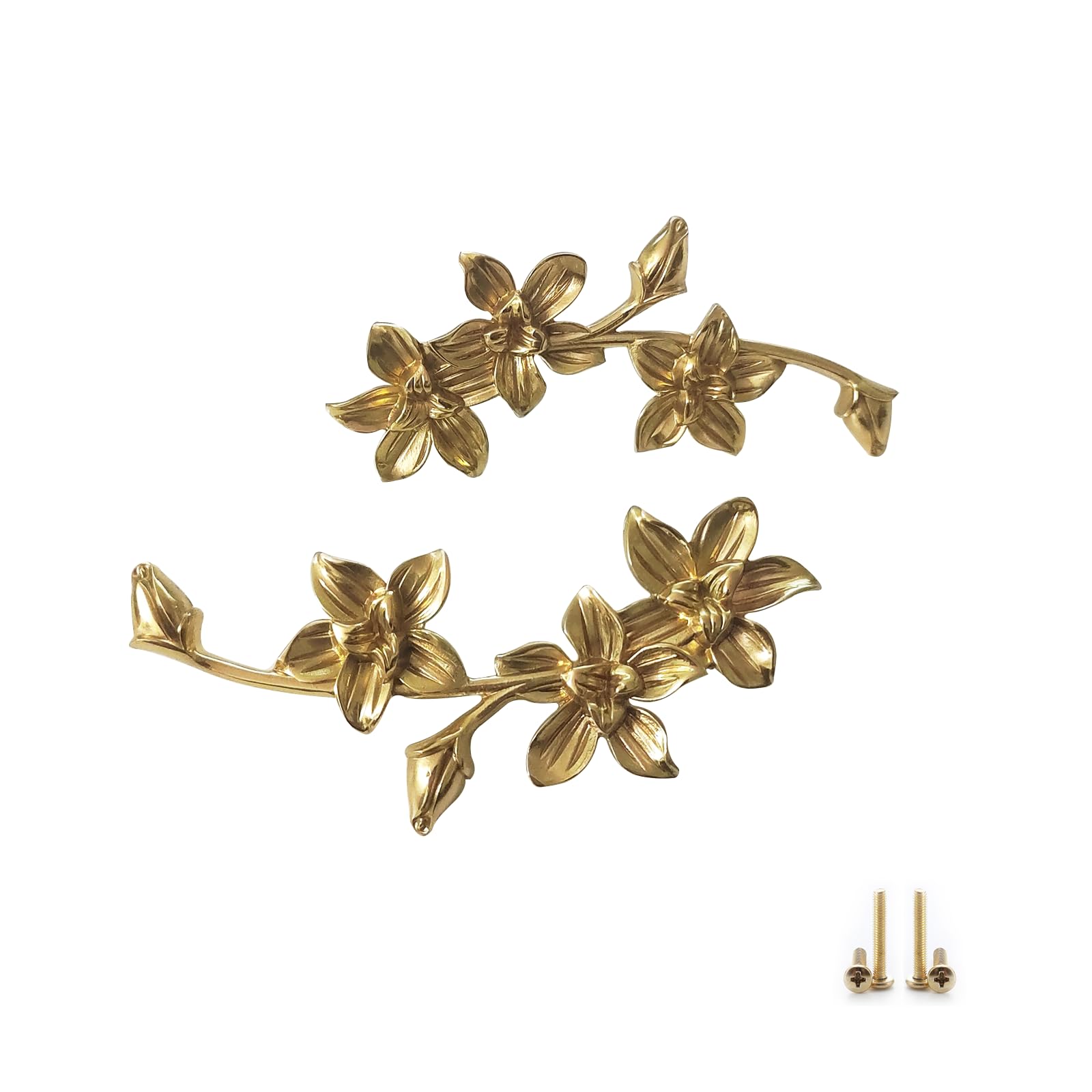 CatchDragon Brass Cabinet Knobs and Handles 2 Pack, Decorative Gold Floral Drawer Dresser Knobs and Pulls for Cabinets Drawers Dresser Laundry Room Kitchen (C)