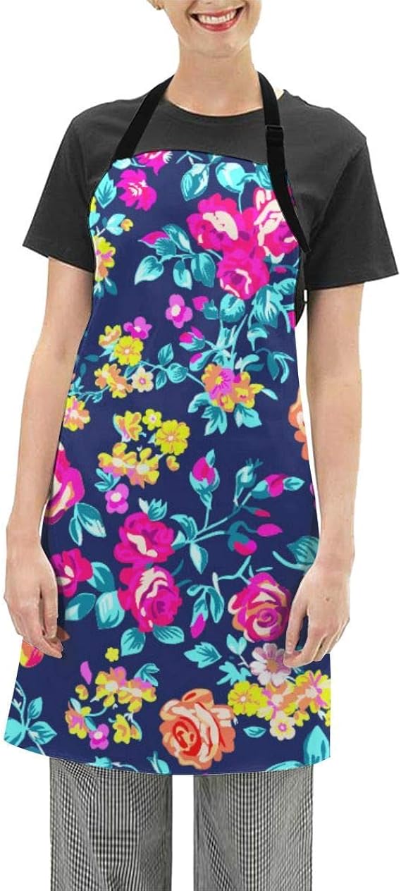 Apron Navy Blue Flowers Adjustable Bib Apron Waterdrop Resistant