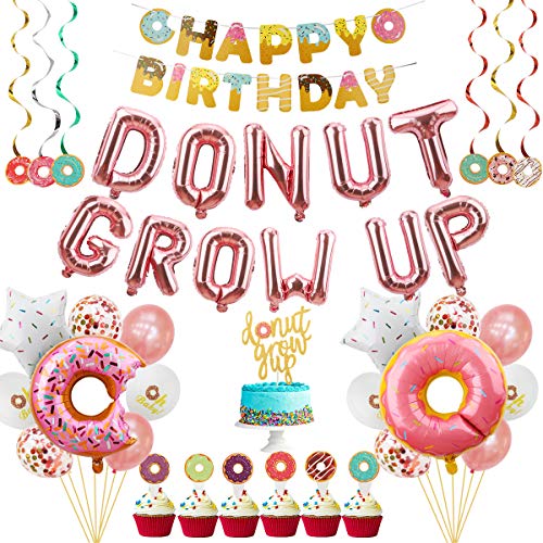 Donut Grow Up Party Decorations Supplies Kit - 46Pcs - Donut Theme Birthday Party Decorations - Donut Grow Up Balloons, Cake Topper, Donut Banner, Swirls, Donut Balloon, Star Foil, Latex Balloons