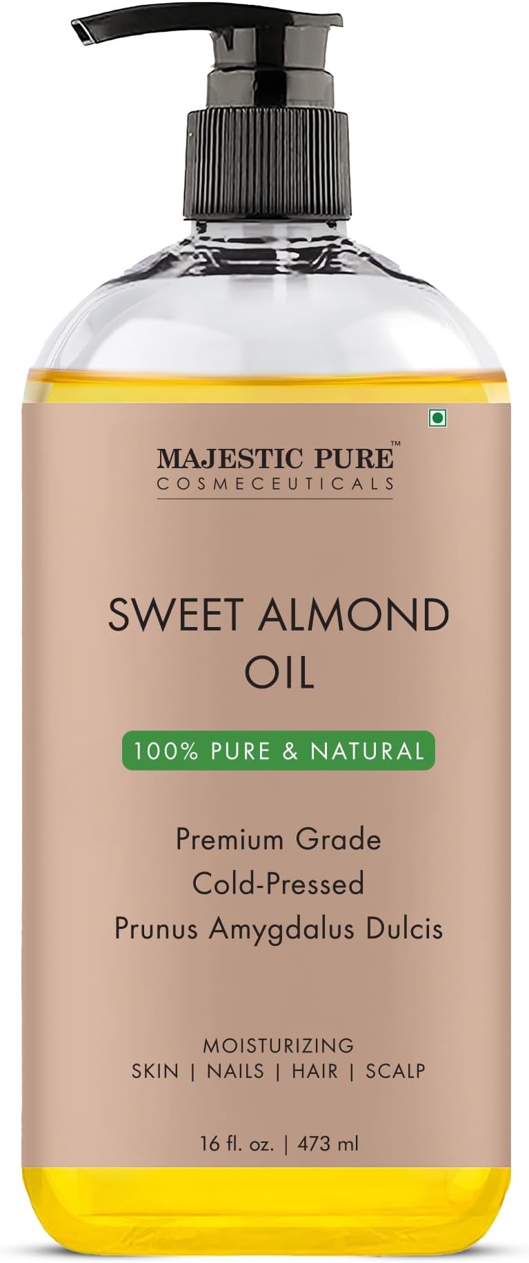 MAJESTIC PURE Sweet Almond Oil, Triple A Grade Quality, Pure and Natural from Spain, Cold Pressed, (Packaging May Vary) - 16 fl. Oz