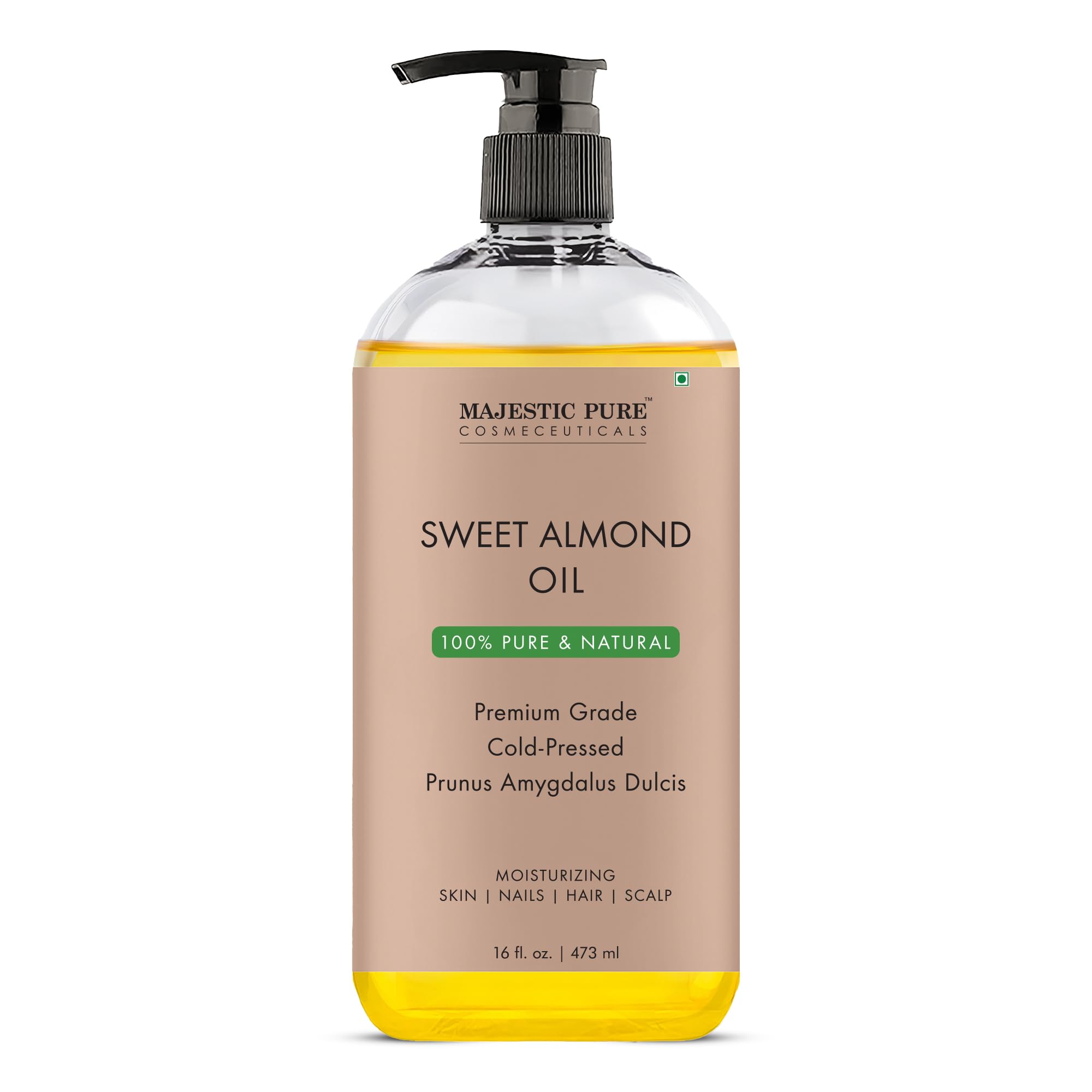 MAJESTIC PURE Sweet Almond Oil, Triple A Grade Quality, Pure and Natural from Spain, Cold Pressed, (Packaging May Vary) - 16 fl. Oz