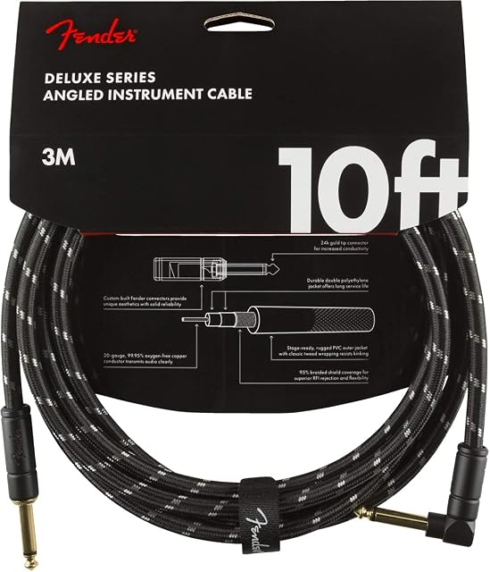 Fender 990820090 Deluxe Series Instrument Cable - 10 ft  STR/ANG  Black Tweed