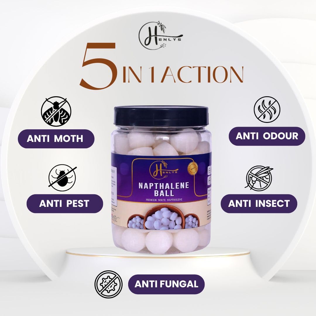 HENLYS White Naphthalene Balls for Clothes | Bathroom | Wardrobe | Pantry | Moth, Protect Clothes 100% Safe | Smell Stain-Germs Free 400g 1