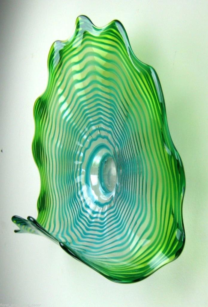 23" Hand Blown Art Glass Table Platter Plate Green Shelf w/Wall Hanging