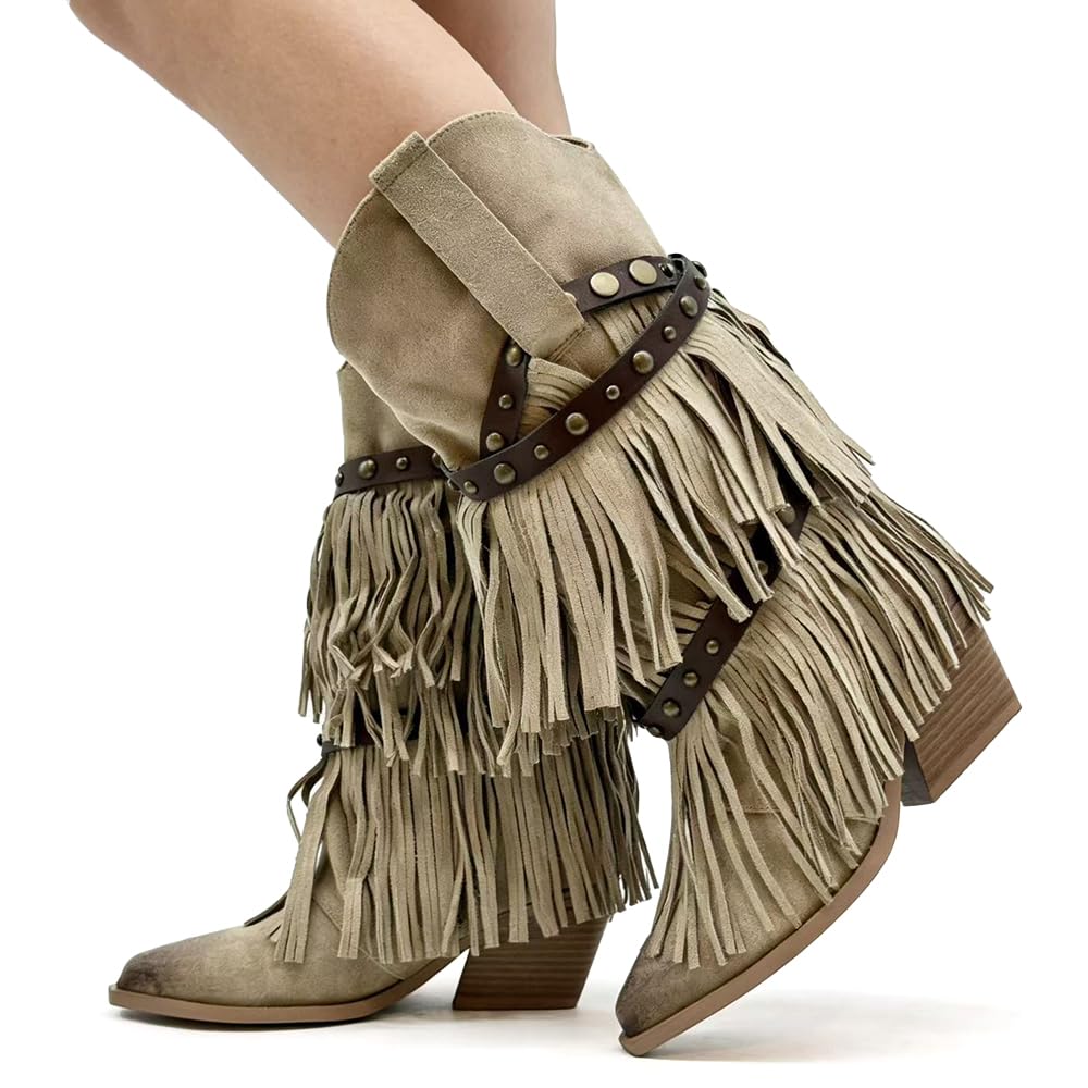 IF Stivali Texani da Donna Western Cowboy Cowgirl in Camoscio Sintetico con Borchie e Frange Rimovibili a 3 Strati Tacco Medio Stile Camperos GA053