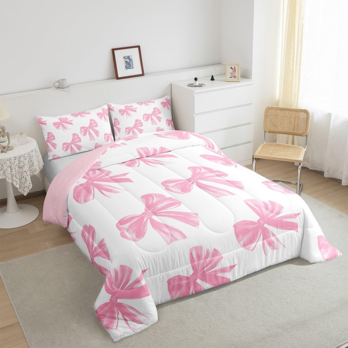 Erosebridal Pink White Bow Girls Down Comforter Cute Bowknot Bedding Set for Kids Teen Women,Kawaii Girly Bow Queen Comforter Set Watercolor Bow Quilt Set 2 Pillow Cases