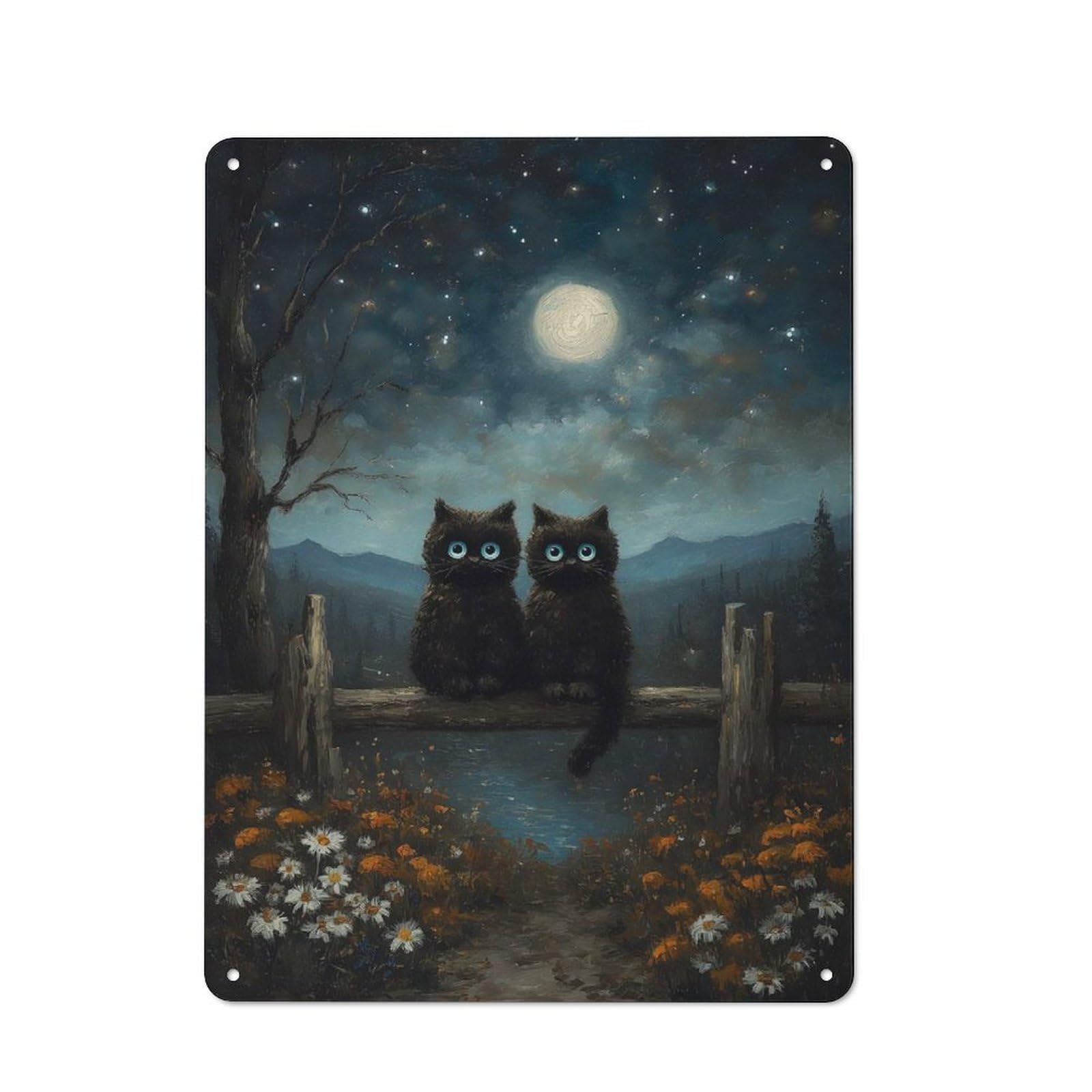 Junmoney Two Black Cats Under Moonlight Kitchen Metal Sign With Design 40X30cm, Cosy Kitchen Wall Decor For Coffee Bar, Kitchen, Bistro Or Tea Corner