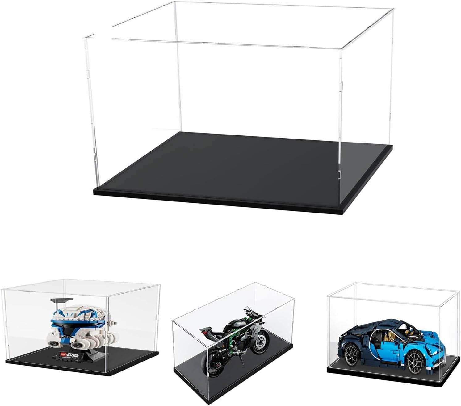 3MM Thick Clear Acrylic Display Case , Thicken Base, DustProof, for Collectibles, Lego 10298 10315 42179 75353 31153(Black Base, 40x20x25cm/16x8x10in)