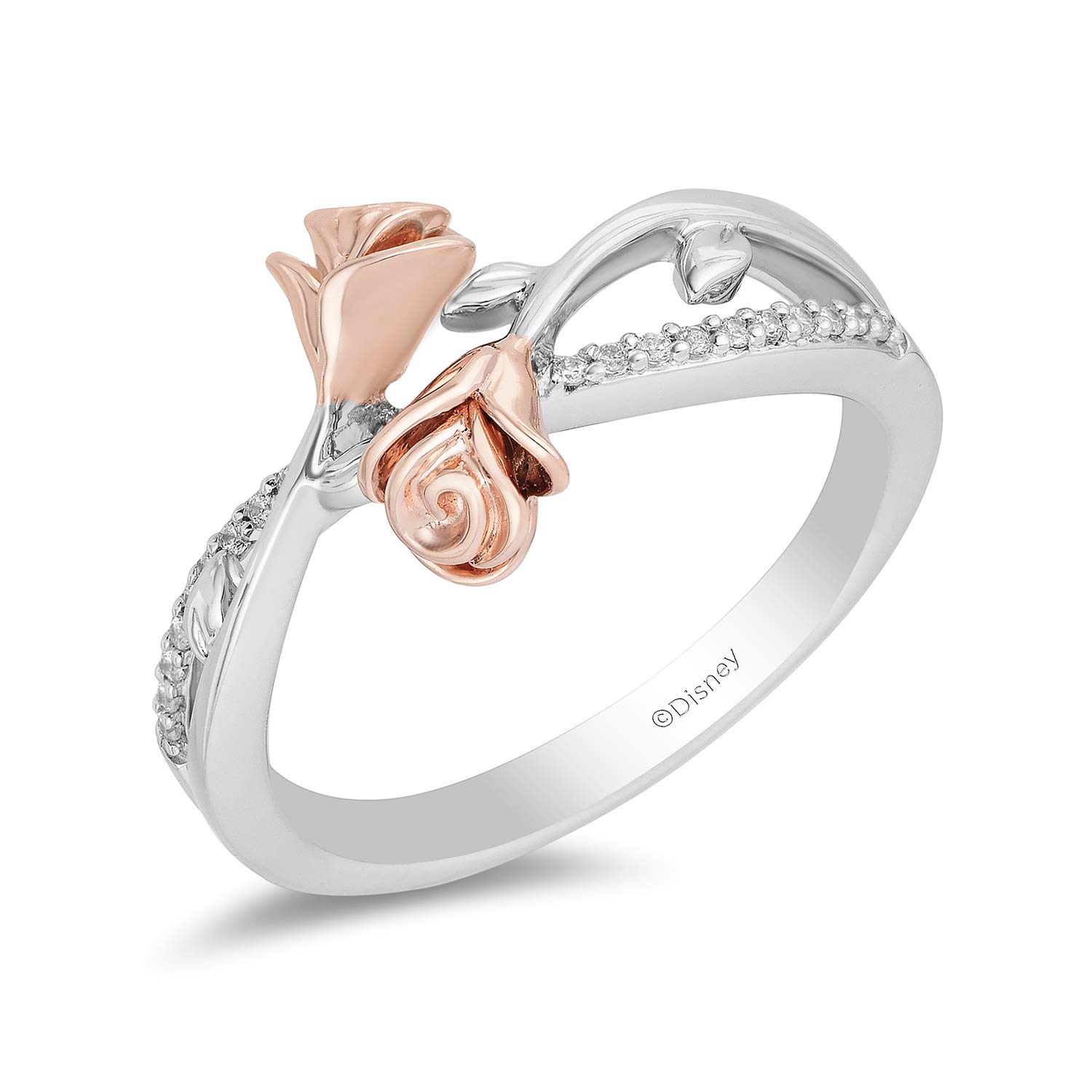 JeweliliEnchanted Disney Fine Jewelry 14K Rose Gold over Sterling Silver 1/10 Cttw Diamond Belle Rose Fashion Ring.
