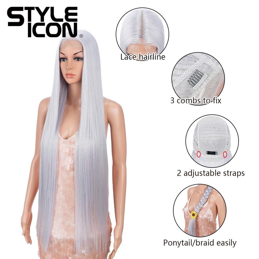Style Icon 38" Silver Grey Wig Super Long Straight Wigs 6" Deeper Middle Part Lace Lace Front Wigs Silver Grey Long Straight Wig (38", THISTLE)