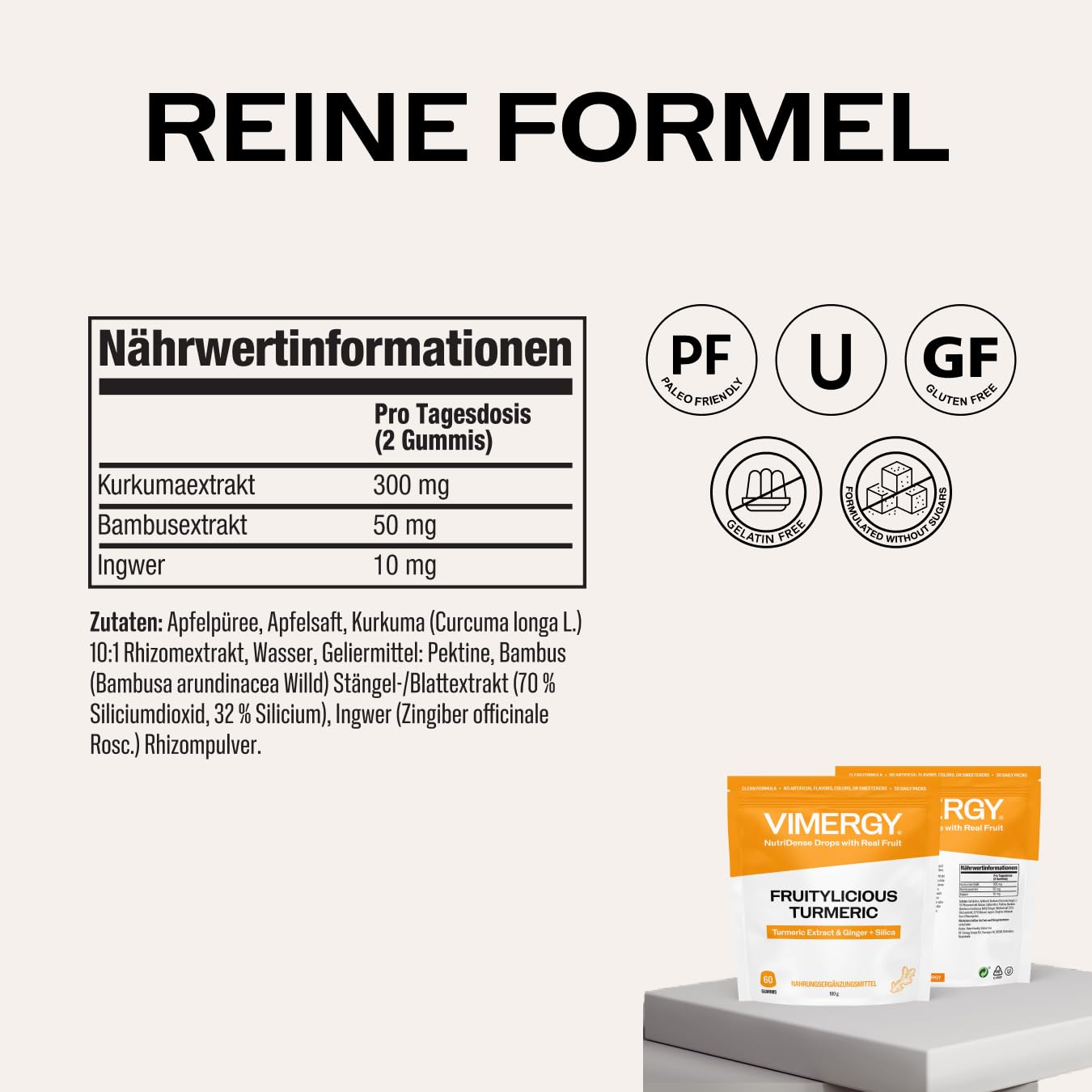 Vimergy NutriDense Fruitylicious Turmeric – Kurkuma + Ingwer Fruchtbissen (kaubar) – glutenfrei, ohne künstliche Süßstoffe, Nahrungsergänzung, 60 Stück (30 Portionen)