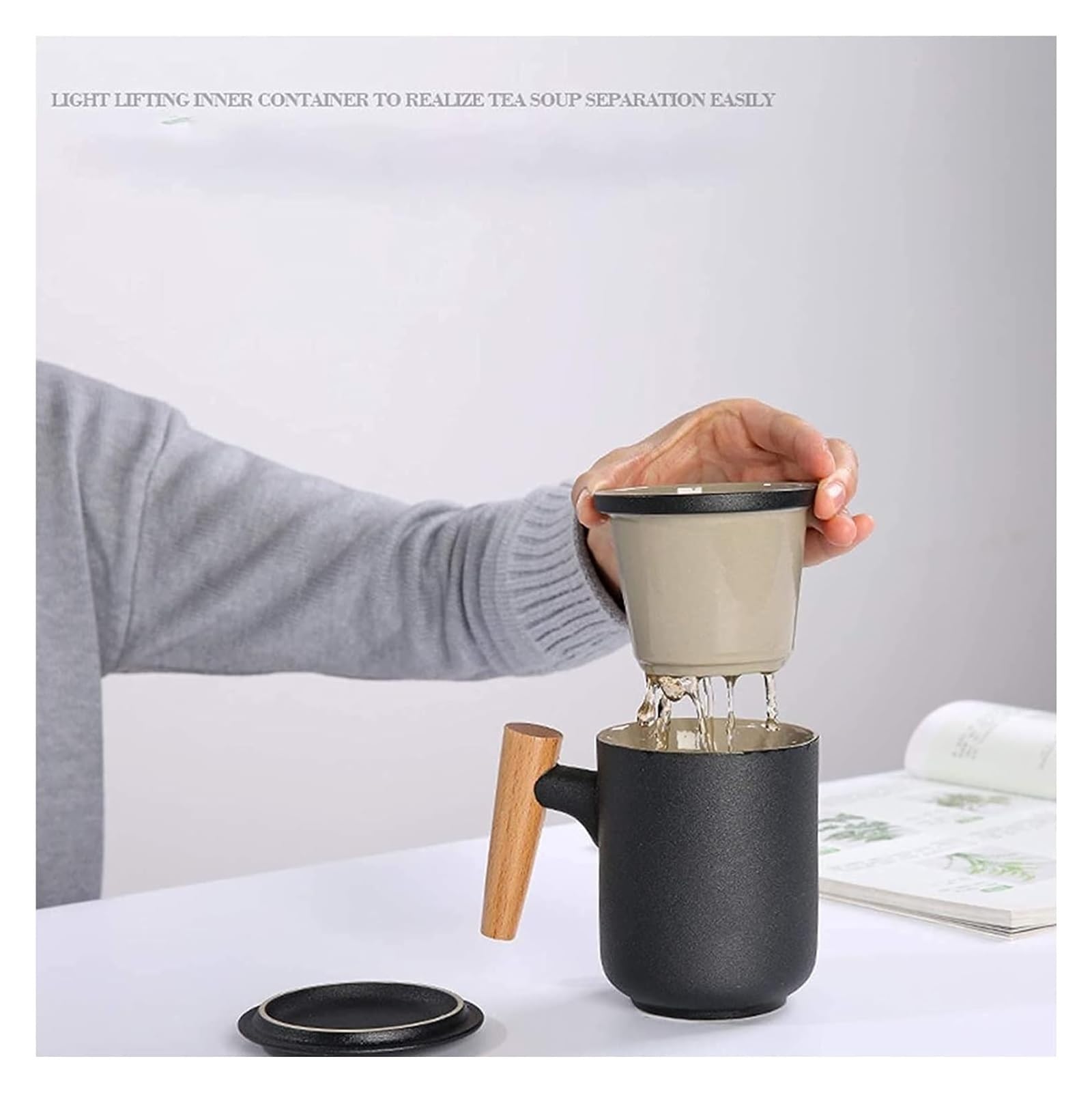 Taza infusora de té, taza de café, taza de té de cerámica creativa con tapa e infusor de estilo janpanés, taza de té de porcelana con mango de madera, juego de tazas de té de viaje con filtro, taza de