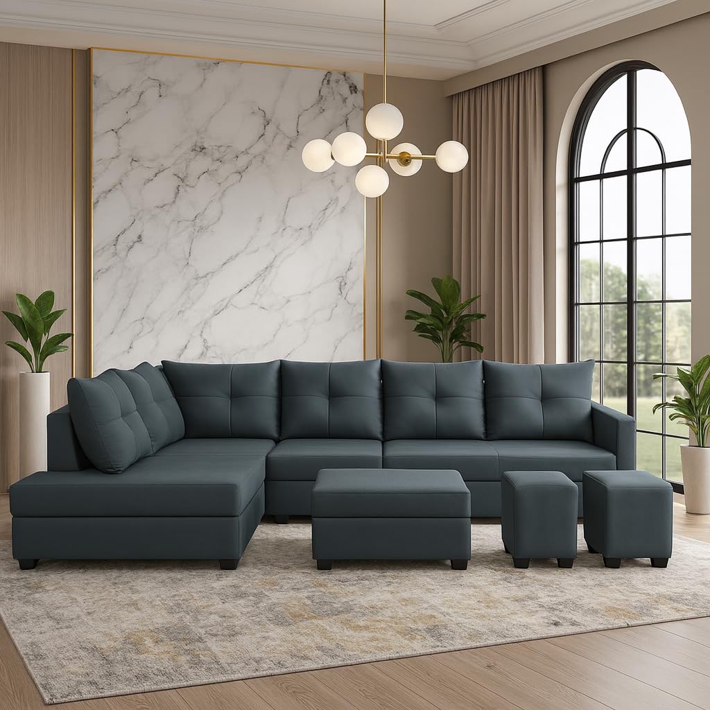 Oriana 8 Seater LHS L Shape Sofa Set | Velvet Suede Fabric L Shape Sofa for Livingroom with 2 Ottoman & Centre Table | (Dark Grey) Oriana 8 Seater LHS L Shape Sofa Set | Velvet Suede Fabric L Shape Sofa for Livingroom with 2 Ottoman & Centre Table | (Dark Grey)