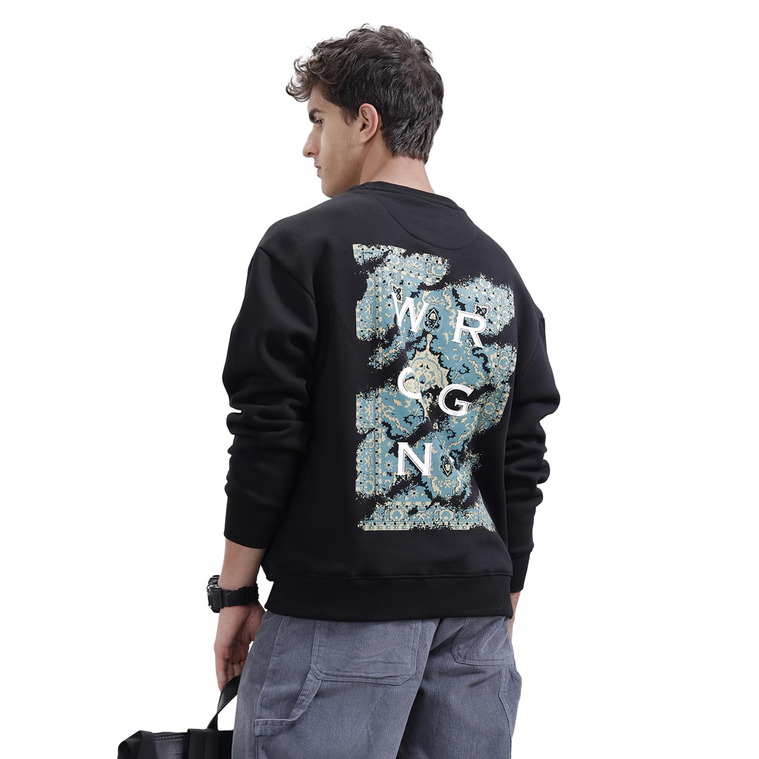 wrogn Men's Oversized Fleece Sweatshirt with Back Print | Black Streetwear Sweatshirt-picture-13