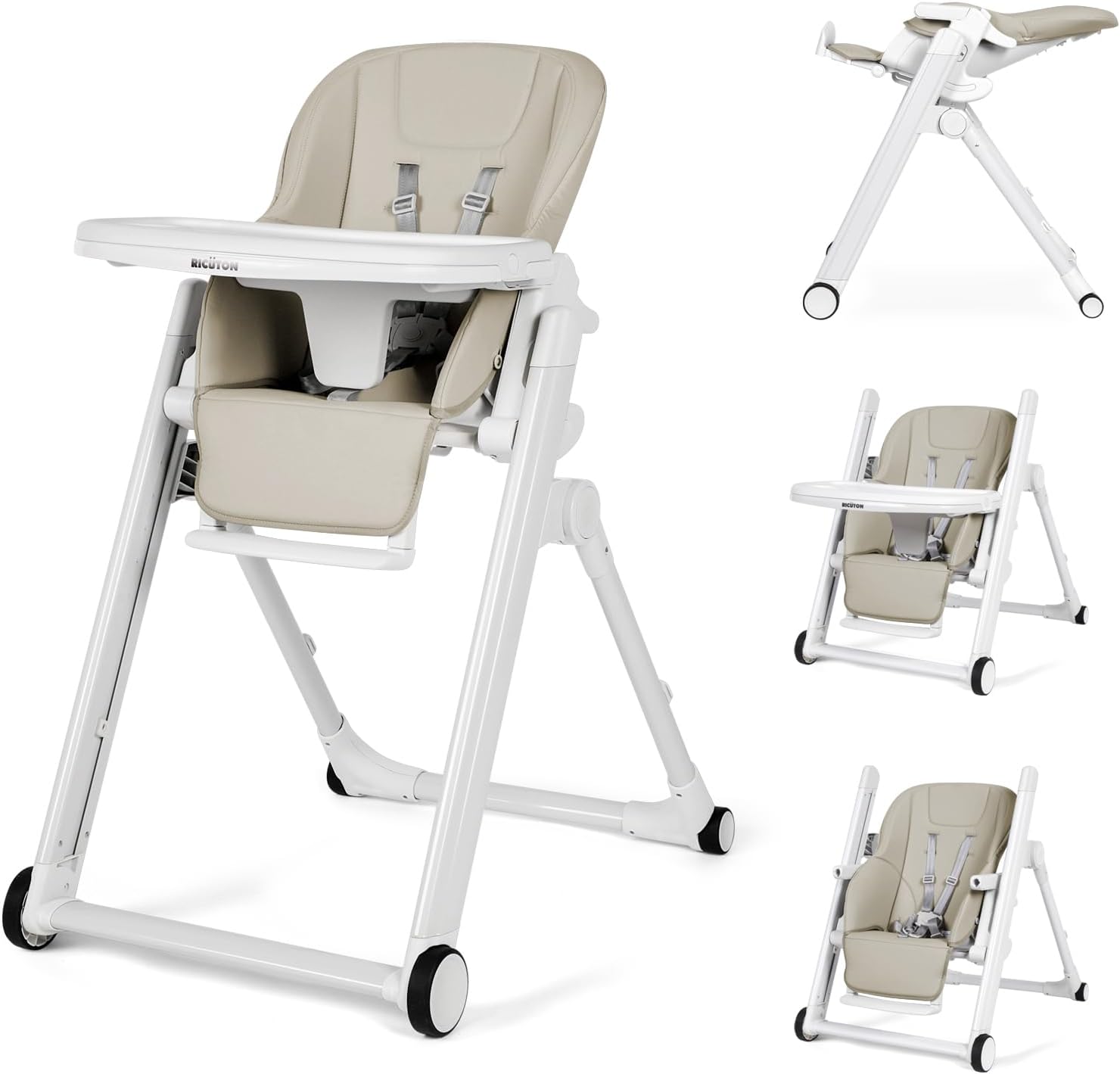 High Chair for Babies & Toddlers, Foldable Highchair with 8 Different Heights, 5 Reclining Seat Position and 3-Setting Footrest, Detachable Trays & Seat Cushion, 4 Wheels with Locks, Installation-Free